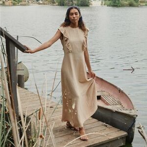 Christy Dawn Beige Ruffle-Sleeve Maxi Dress